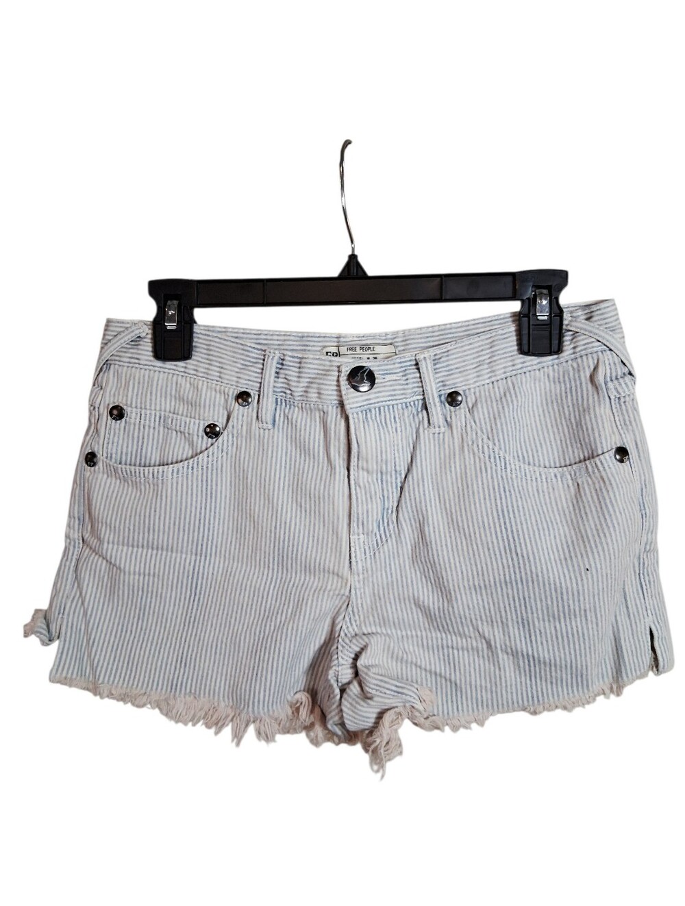 Free People Striped Frayed Hem Denim Shorts Blue White Stud Detail - Size 26